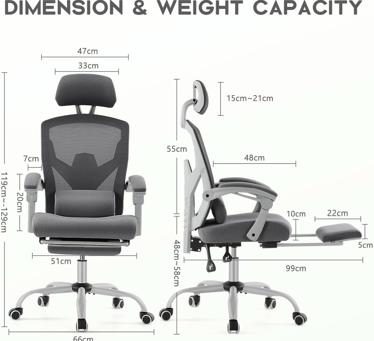 DUMOS Ergonomic Office Chair - Office Chair with Comfortable Armrests, Comfortable Lumbar Support and Footrest - Suitable for Home