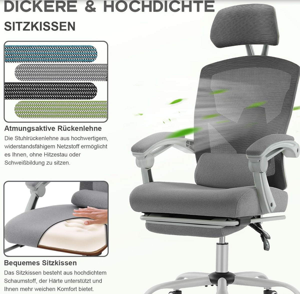 DUMOS Ergonomic Office Chair - Office Chair with Comfortable Armrests, Comfortable Lumbar Support and Footrest - Suitable for Home