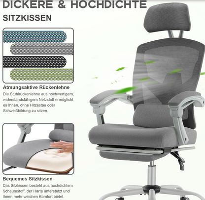 DUMOS Ergonomic Office Chair - Office Chair with Comfortable Armrests, Comfortable Lumbar Support and Footrest - Suitable for Home