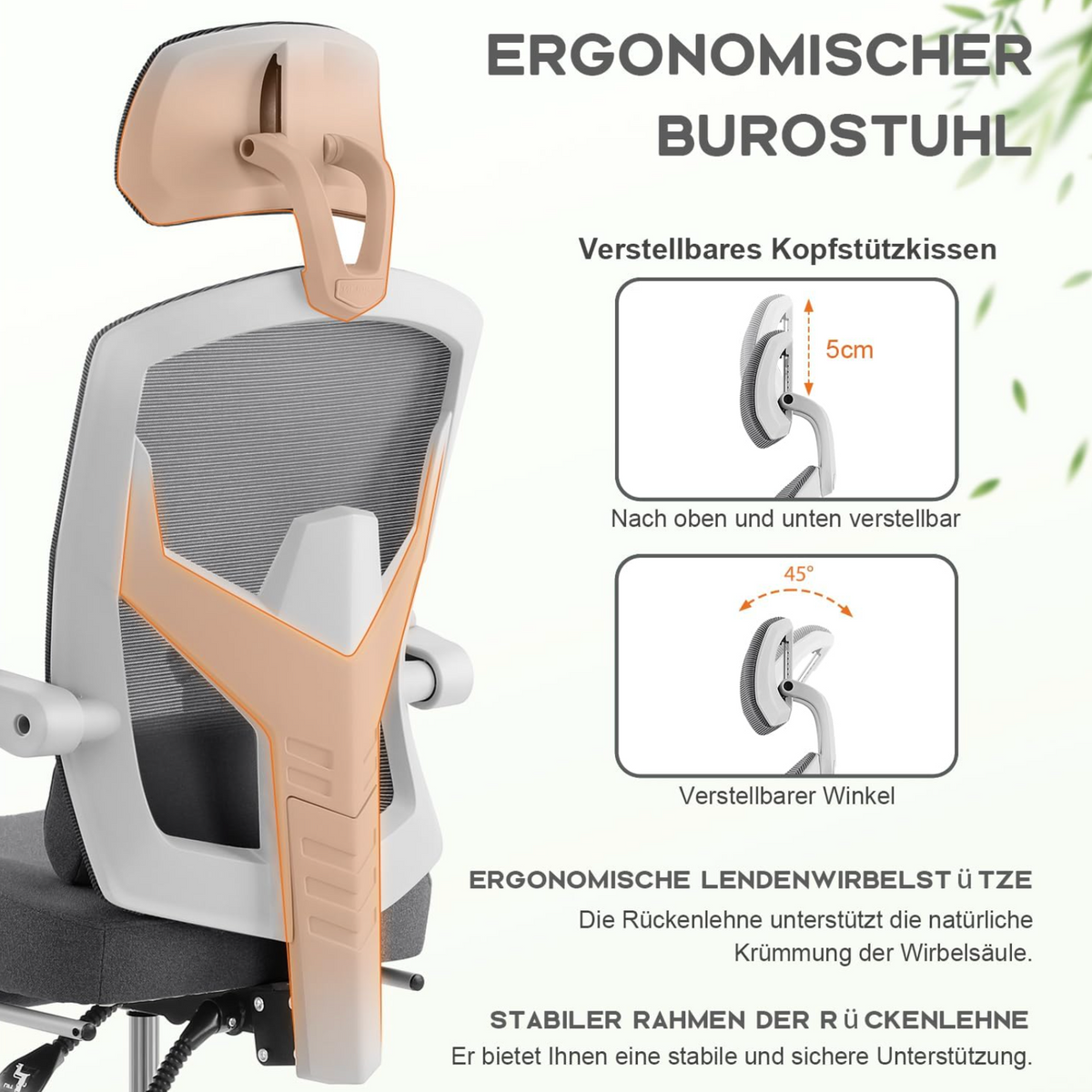 DUMOS Ergonomic Office Chair - Office Chair with Comfortable Armrests, Comfortable Lumbar Support and Footrest - Suitable for Home