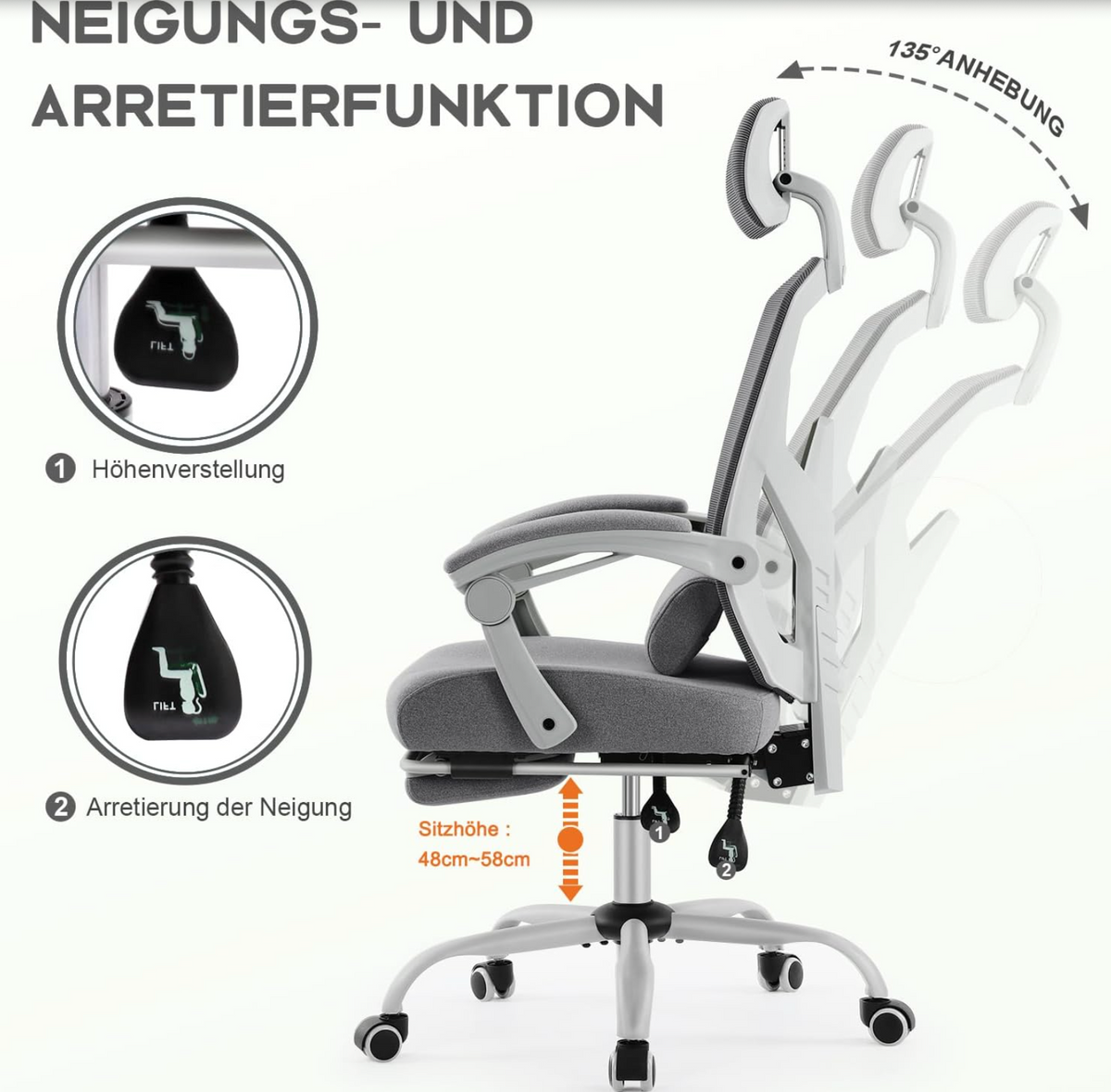 DUMOS Ergonomic Office Chair - Office Chair with Comfortable Armrests, Comfortable Lumbar Support and Footrest - Suitable for Home