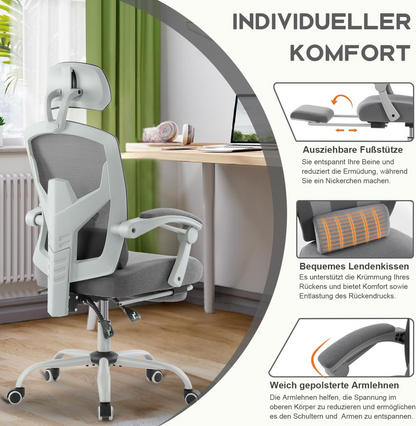 DUMOS Ergonomic Office Chair - Office Chair with Comfortable Armrests, Comfortable Lumbar Support and Footrest - Suitable for Home