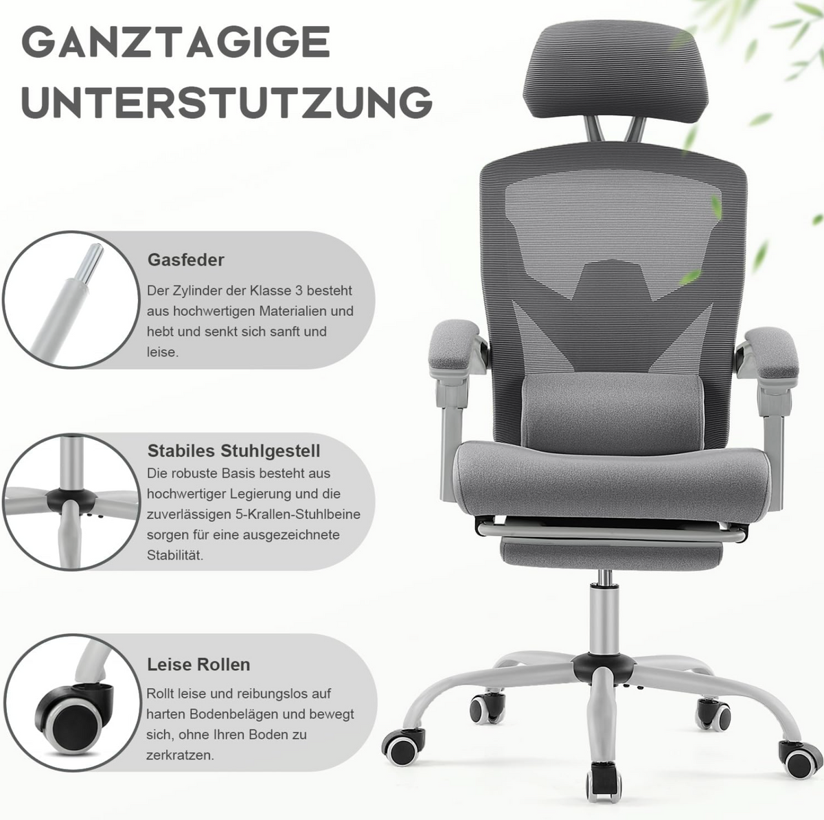 DUMOS Ergonomic Office Chair - Office Chair with Comfortable Armrests, Comfortable Lumbar Support and Footrest - Suitable for Home
