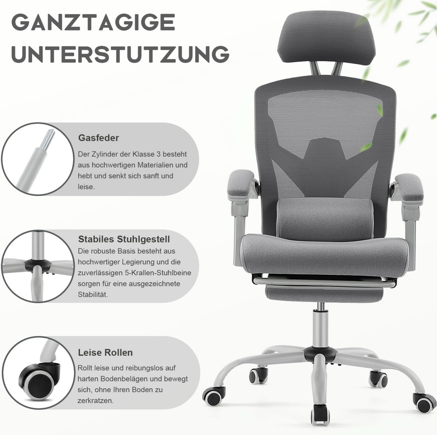 DUMOS Ergonomic Office Chair - Office Chair with Comfortable Armrests, Comfortable Lumbar Support and Footrest - Suitable for Home